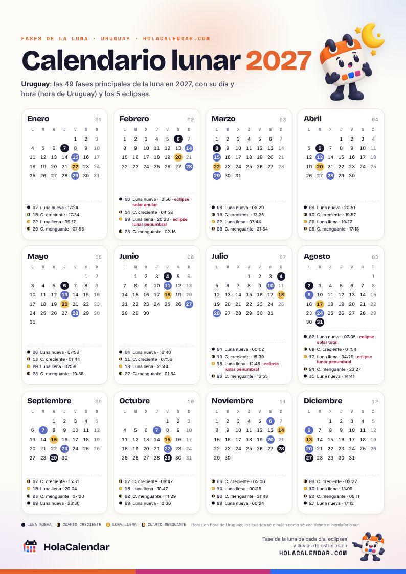 Calendario lunar 2027 de Uruguay: fases de la luna con día y hora, para imprimir en A4